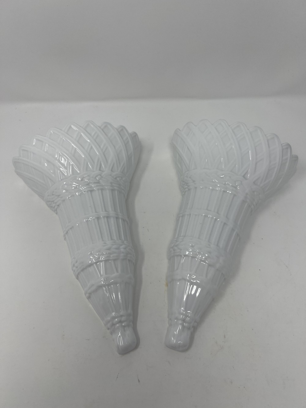 Pair Vtg White Basketweave Wall Pockets