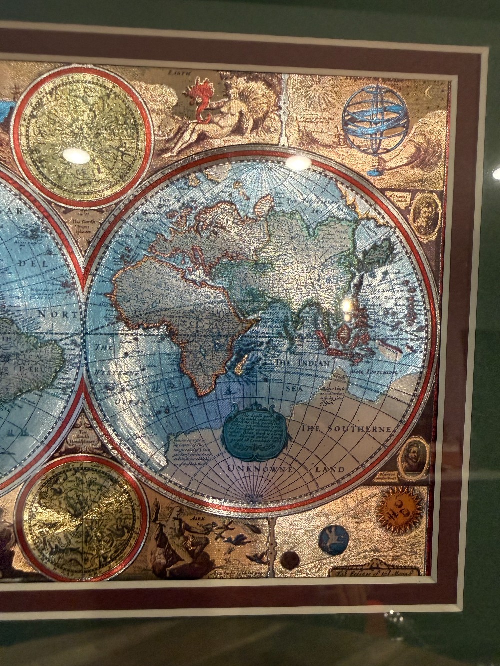 Framed Metallic Old World Map