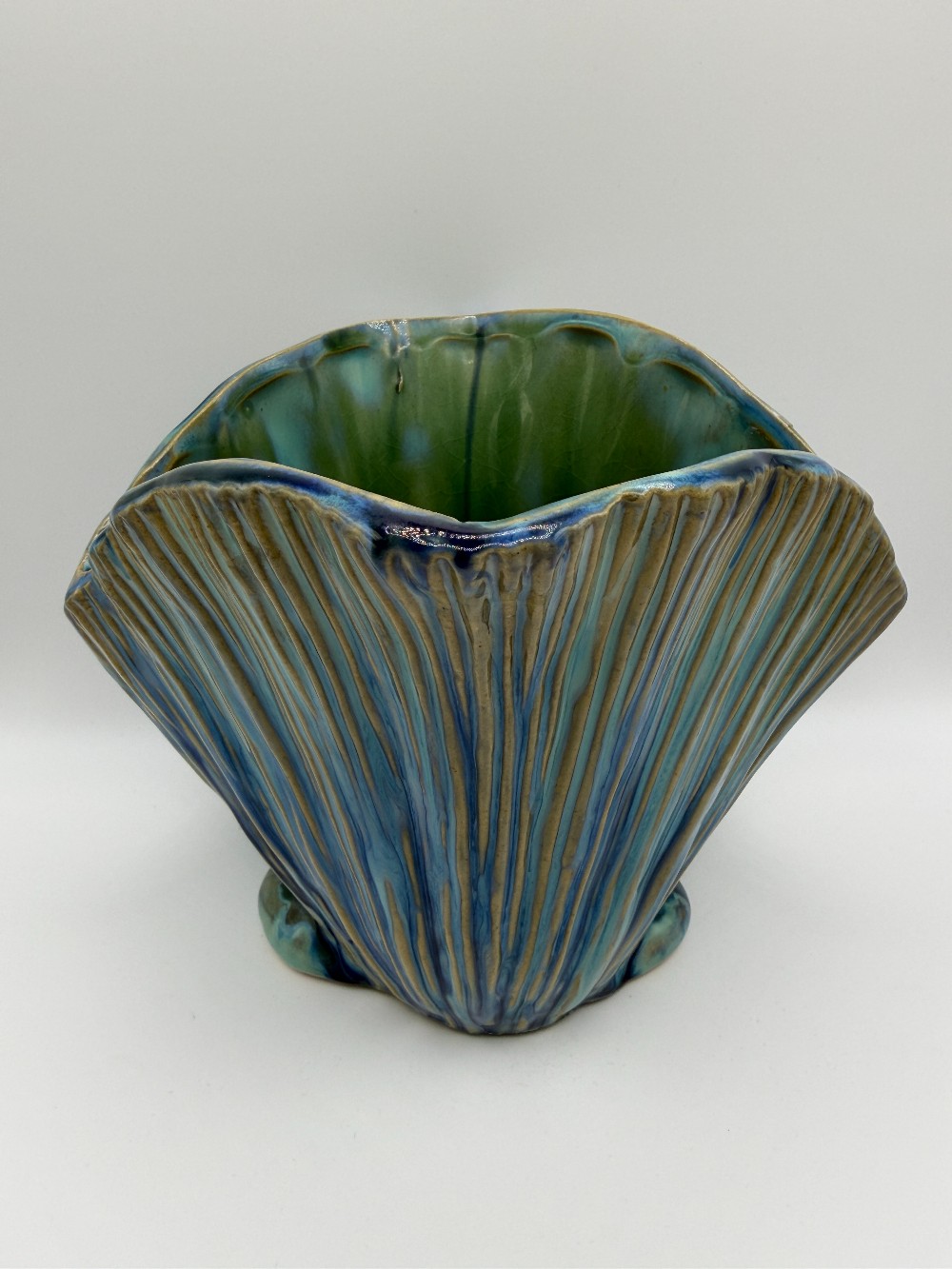 Pottery Blue & Green Drip Glaze Seashell Fan Planter Vase