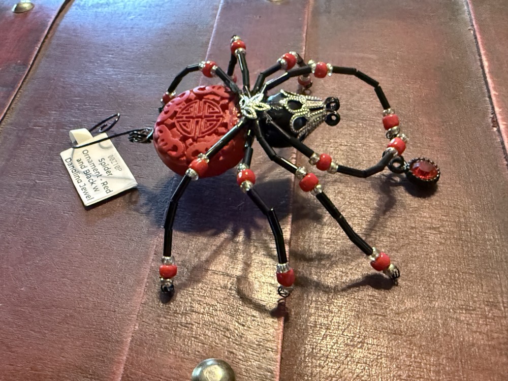 Spider Ornament - Red and Black w Dangling Jewel