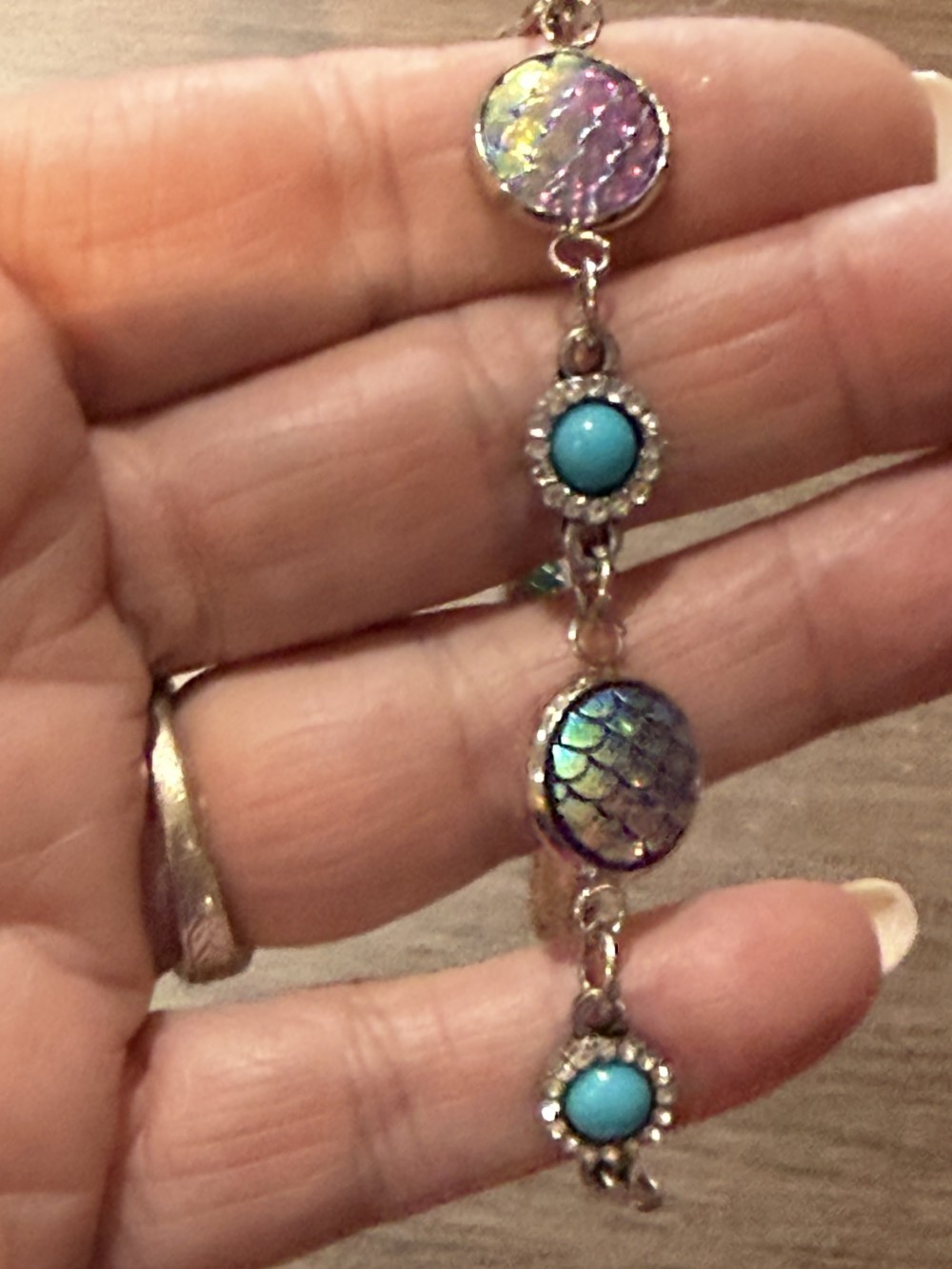 Bracelet Mermaid or Dragon Skin Medallions with Teal & Rhinestone Accents