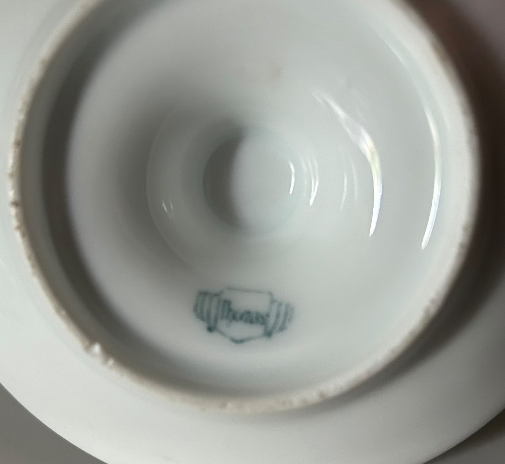 Bavaria Egg Cup - Antique Thomas Bavaria Porcelain Footed Egg Cup with Attached Saucer – Blue Berries and Gold Trim (c. 1910s-1930s)