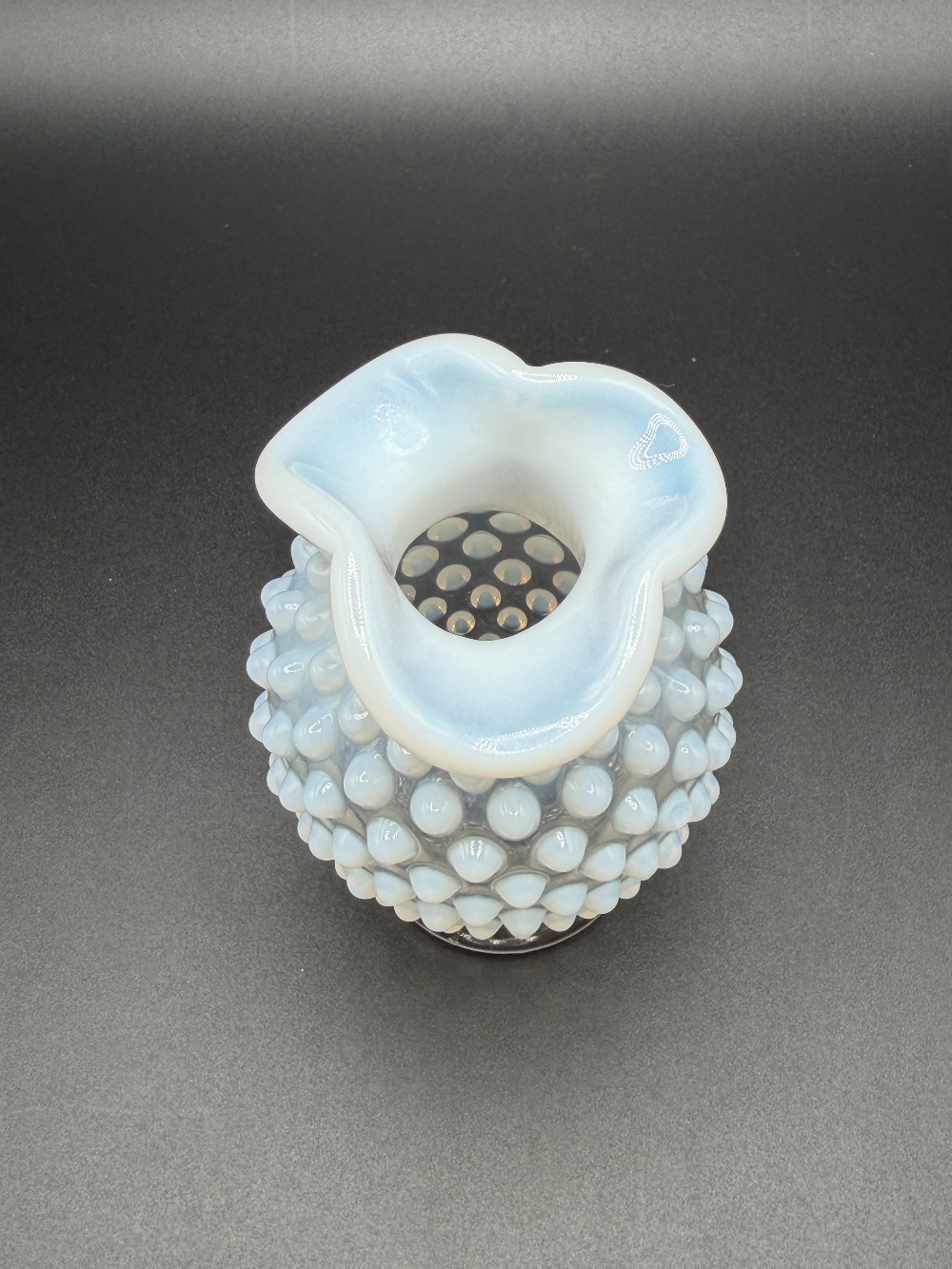 Vintage Fenton French Opalescent Hobnail Glass Vase - Ruffled Crimped Rim, Pre-1970 Art Glass