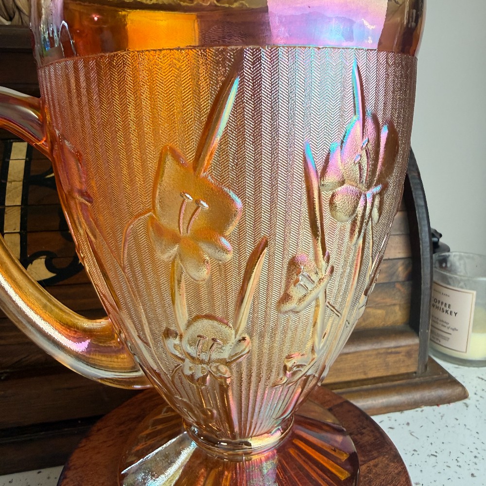 Jeannette Glass Iris and Herringbone Marigold Carnival Glass Pitcher - DANA
