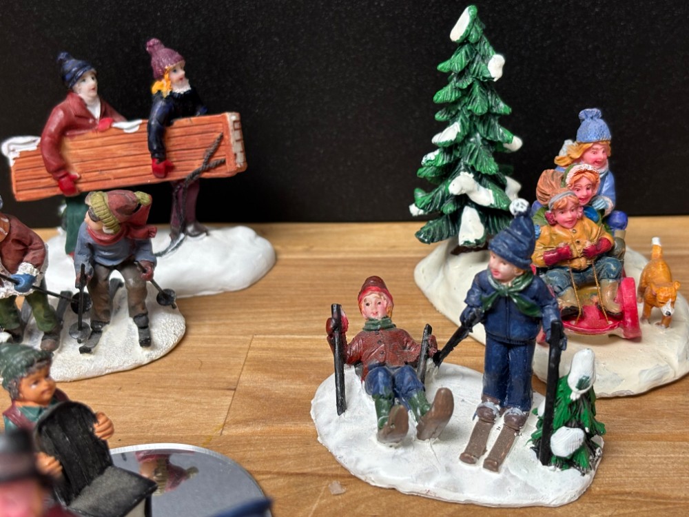 Christmas Village People Winter Activities Ice Skating Sledding Figurines 13 Piece Lot