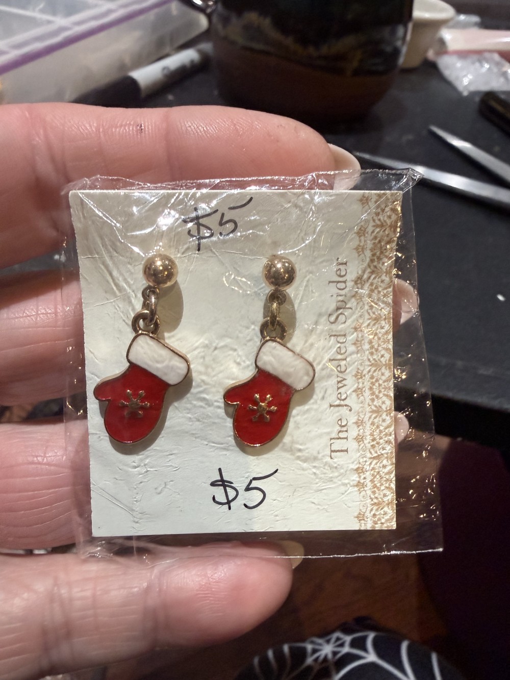 Stud Earrings - Winter Mittens in Gold and Enamel