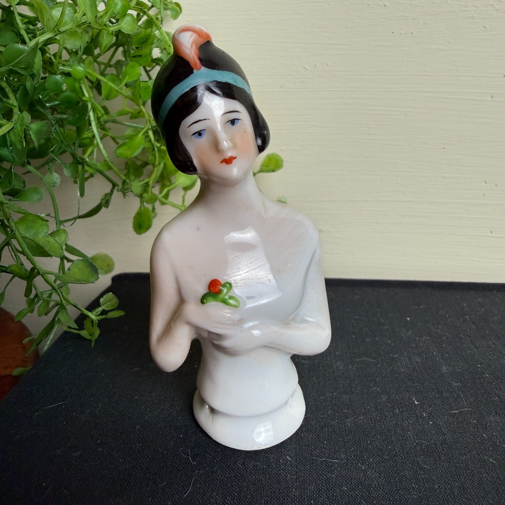 Antique Porcelain Half-Doll, Flapper with Flower