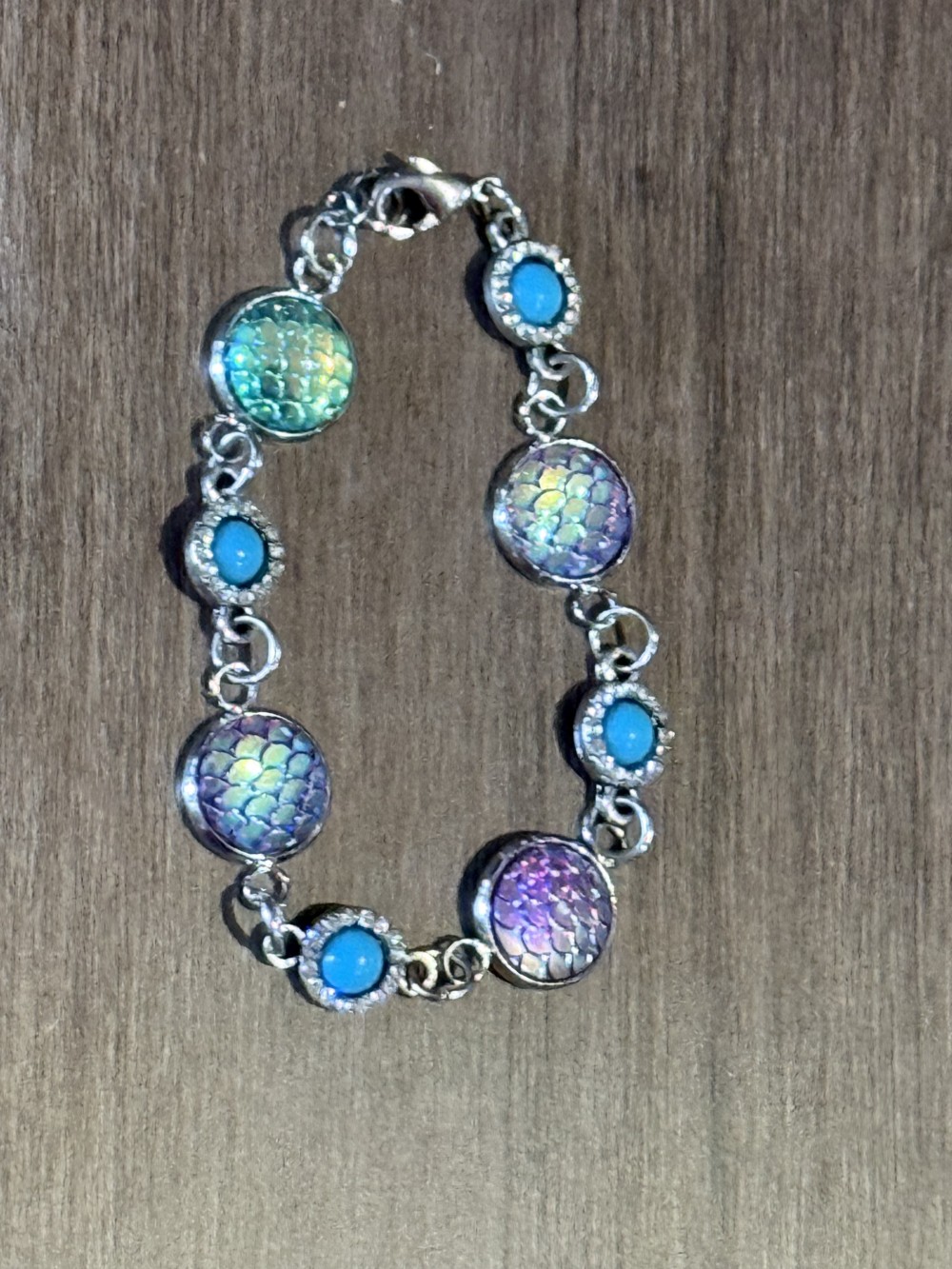 Bracelet Mermaid or Dragon Skin Medallions with Teal & Rhinestone Accents