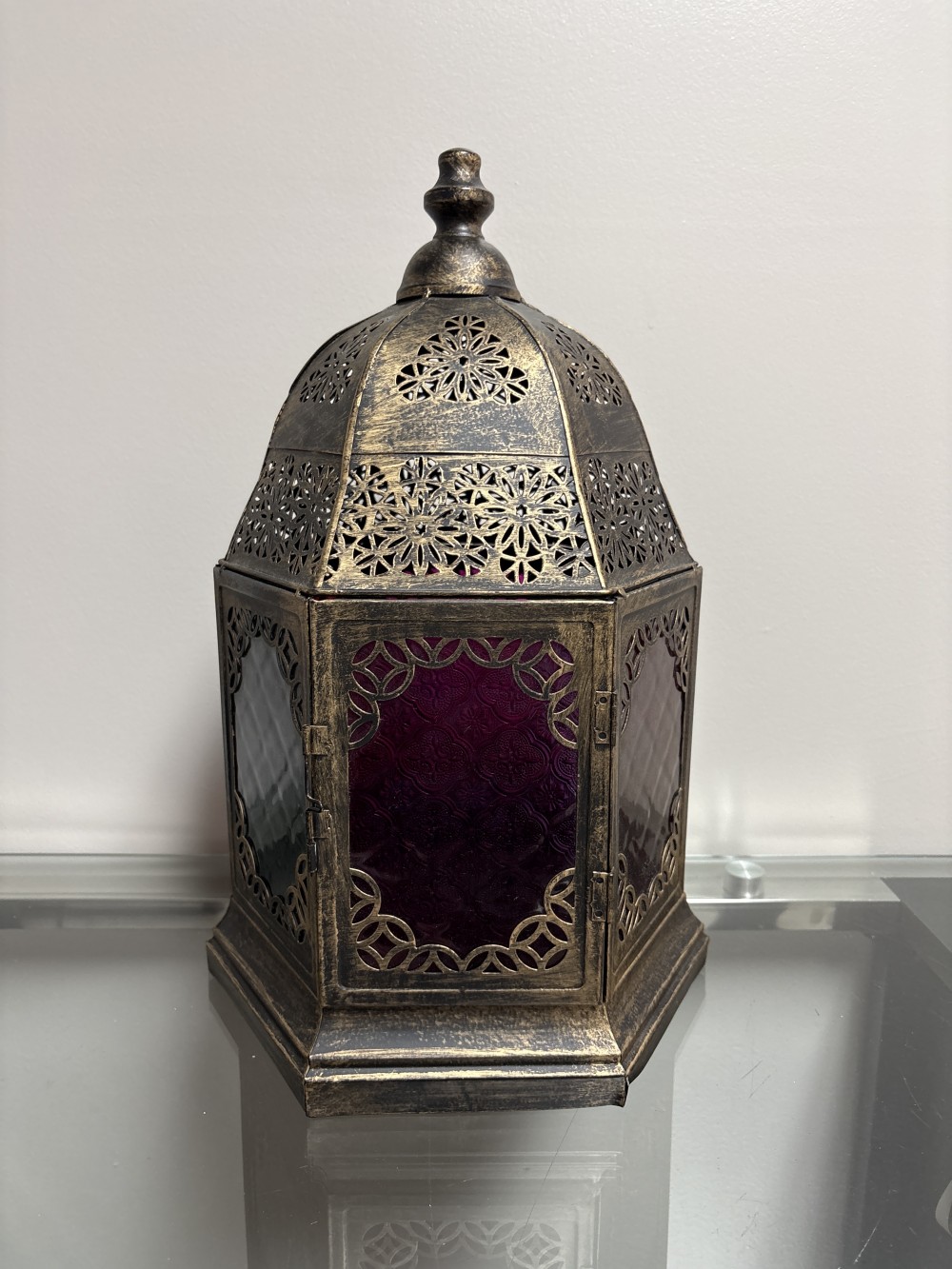 Moroccan 6 Sided Lantern w/Multicolor Glass Panels