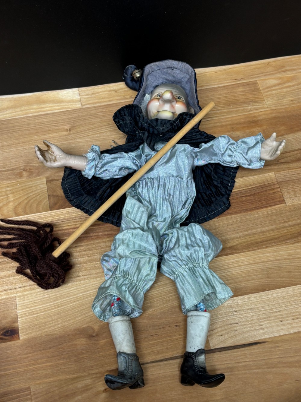 Vintage Kitchen Witch Doll Hand Painted Ceramic Poseable Halloween Broom 13 Inch