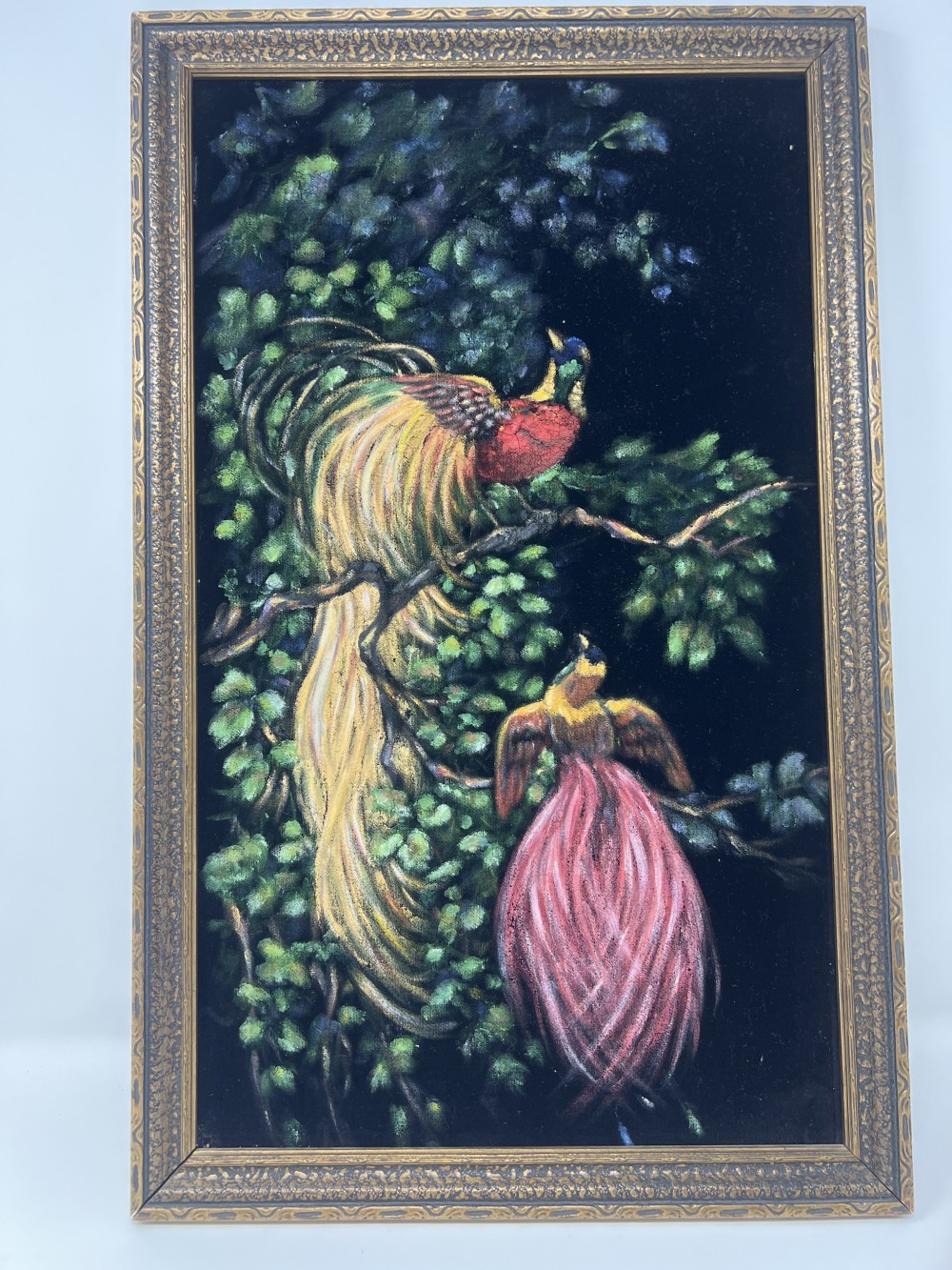 Vtg Original Feathered Birds on Velvet Framed Painting