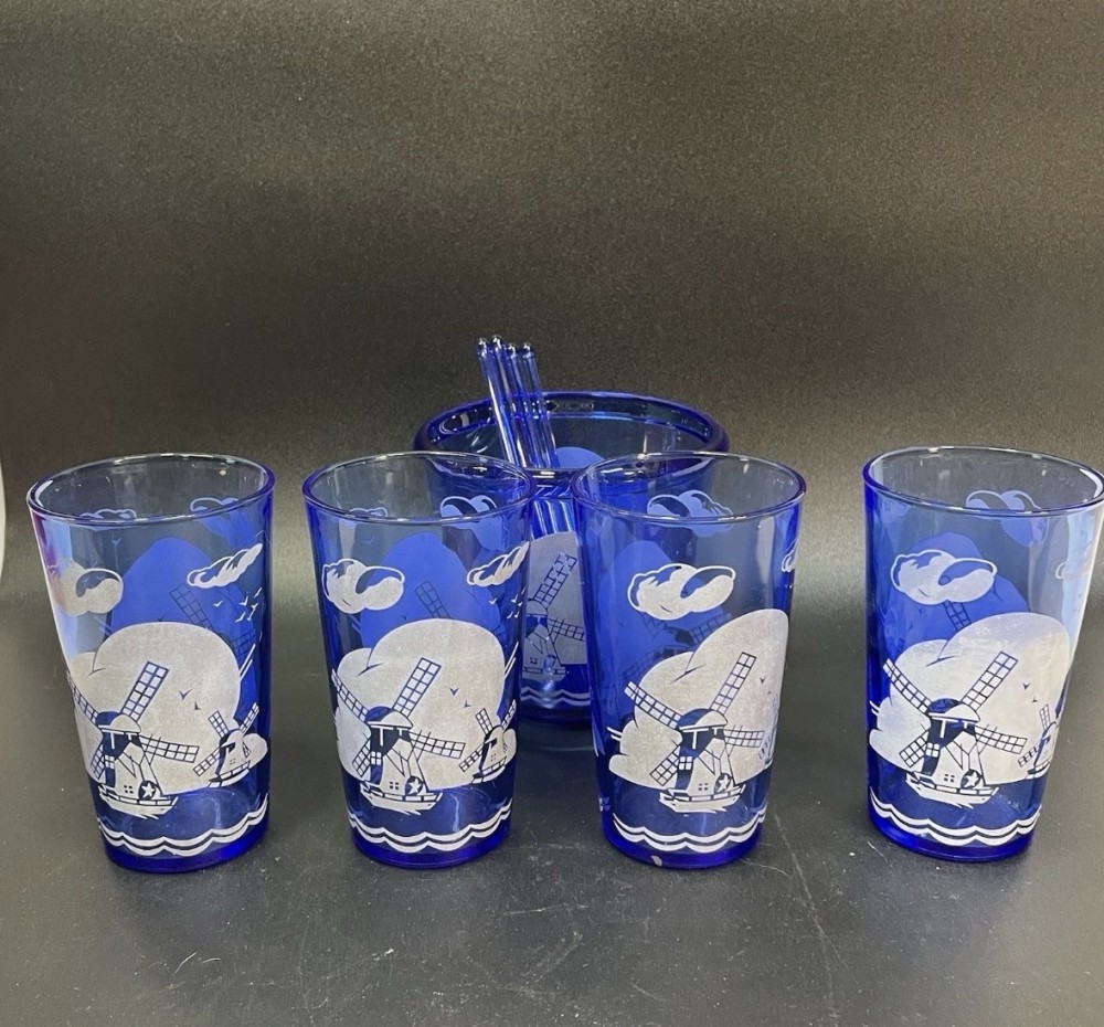 Cocktail Glass Set Hazel Atlas Cobalt Blue Dutch Windmill Ice Bucket 4 Glasses 4 Stir Sticks Vintage