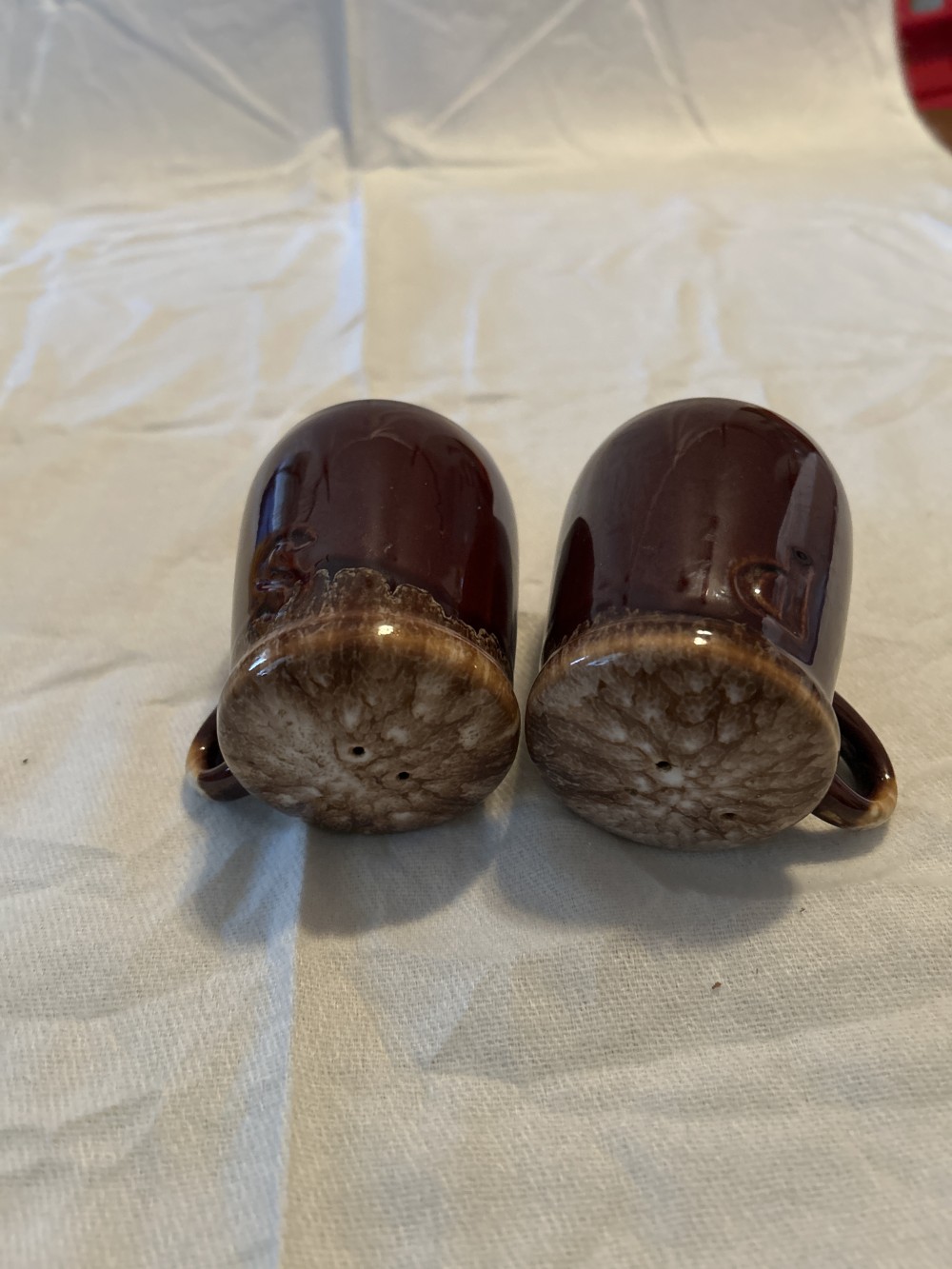 Vintage McCoy Pottery Brown Drip Glaze Salt & Set with corks - excellent condition - as is - see pics