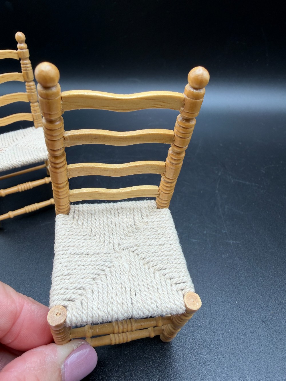Vintage 1:12 Scale Miniature Wooden Ladderback Chairs with Woven Seats - Pair