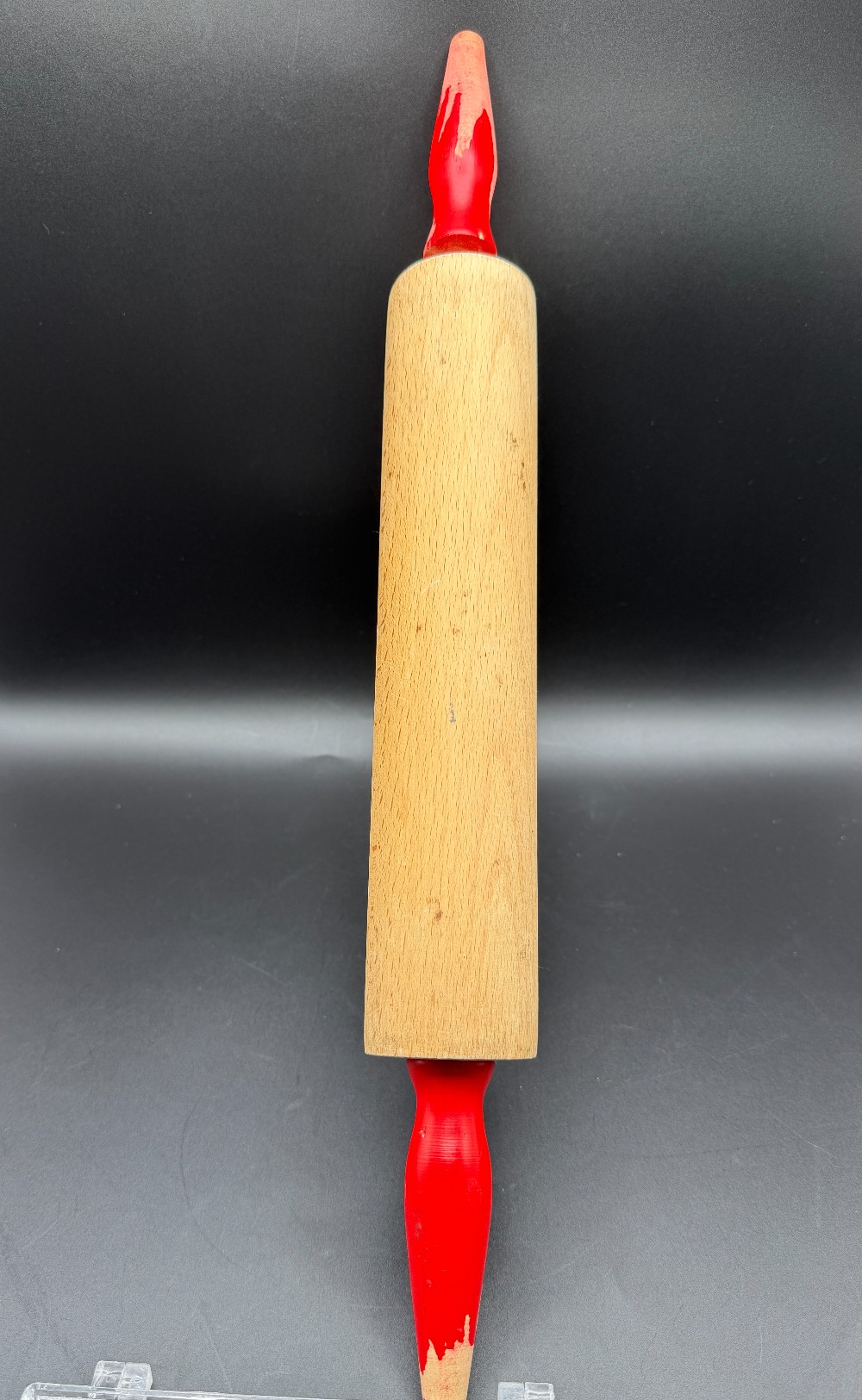 Wood Rolling Pin with Red Painted Handles - Mid-Century Farmhouse Kitchenware Decor