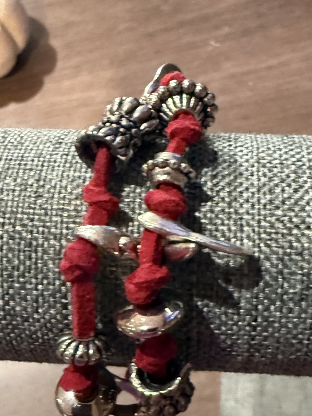 Bracelet - Silver skull Red leather bead accents