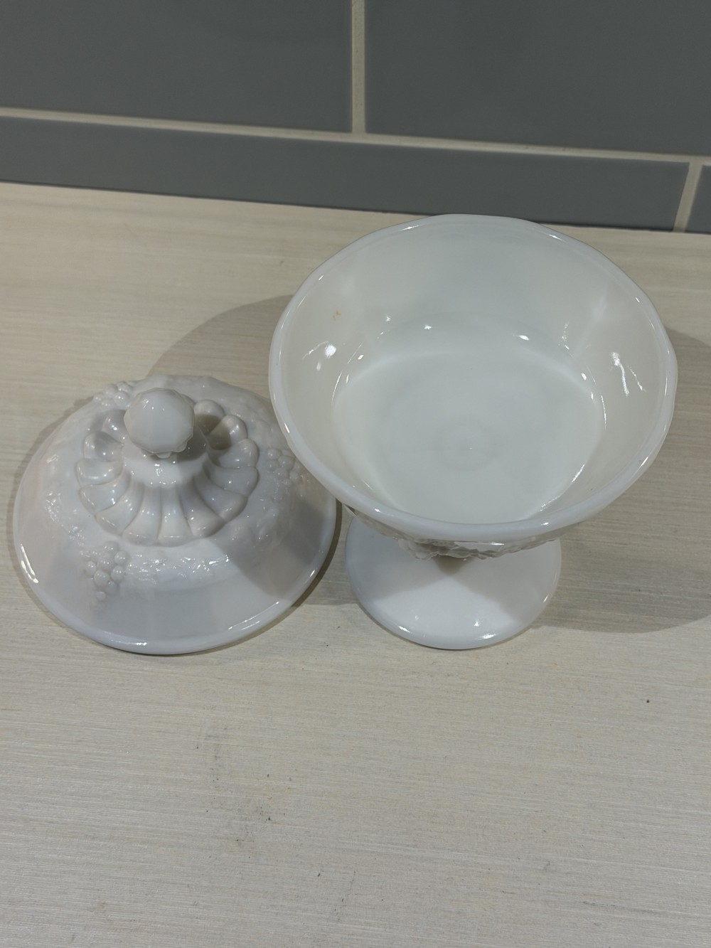 Vintage Milk Glass Compote Candy Dish with Lid Grape Harvest