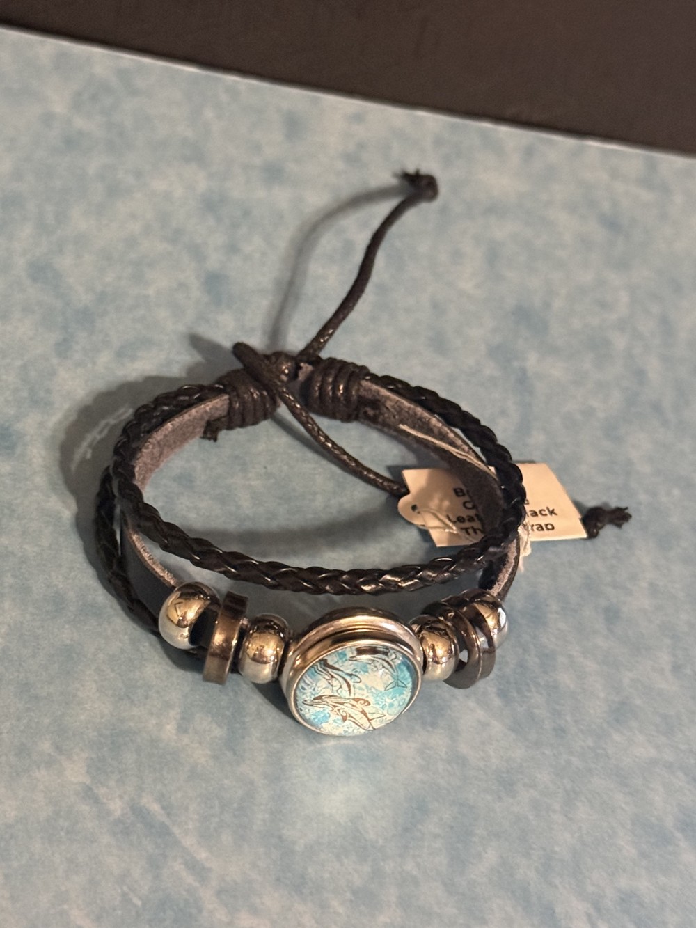 Bracelet-Genuine Leather Black Three Strap Dolphin