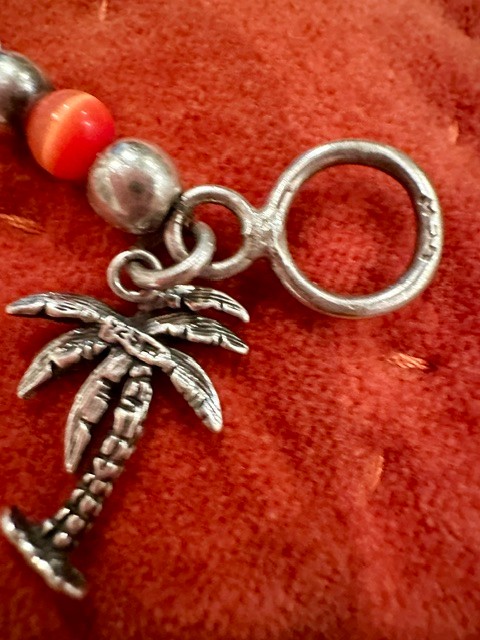 Toggle Bracelet sterling silver and orange & white cat's eye beads with sterling palm tree charm