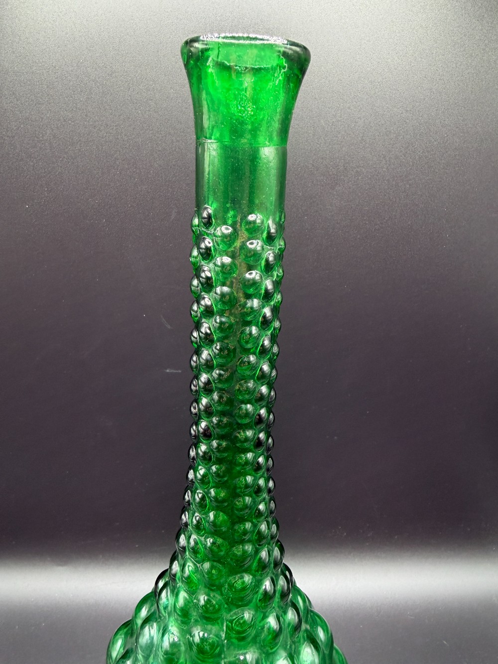 1960s Empoli Italian Green Glass Hobnail Genie Bottle Decanter