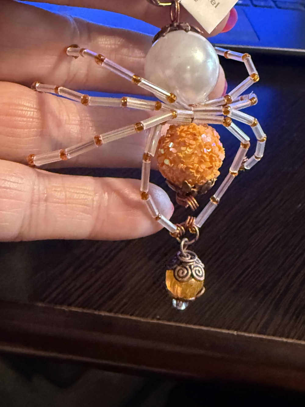 Ornament - Spider Orange & Pearl w/ Dangle