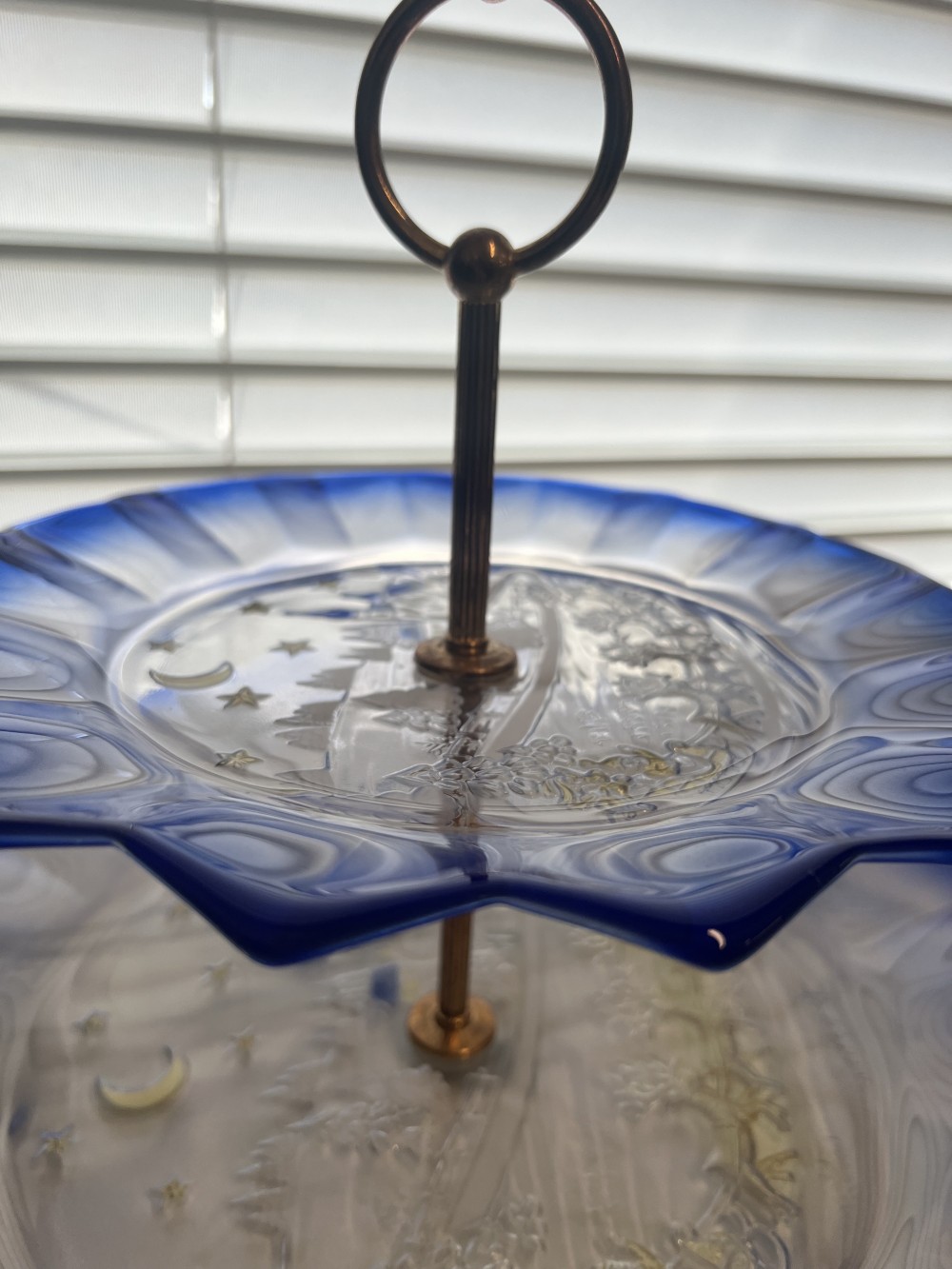 Vintage Blue Glass Two-Tier Serving Tray with Winter Scene