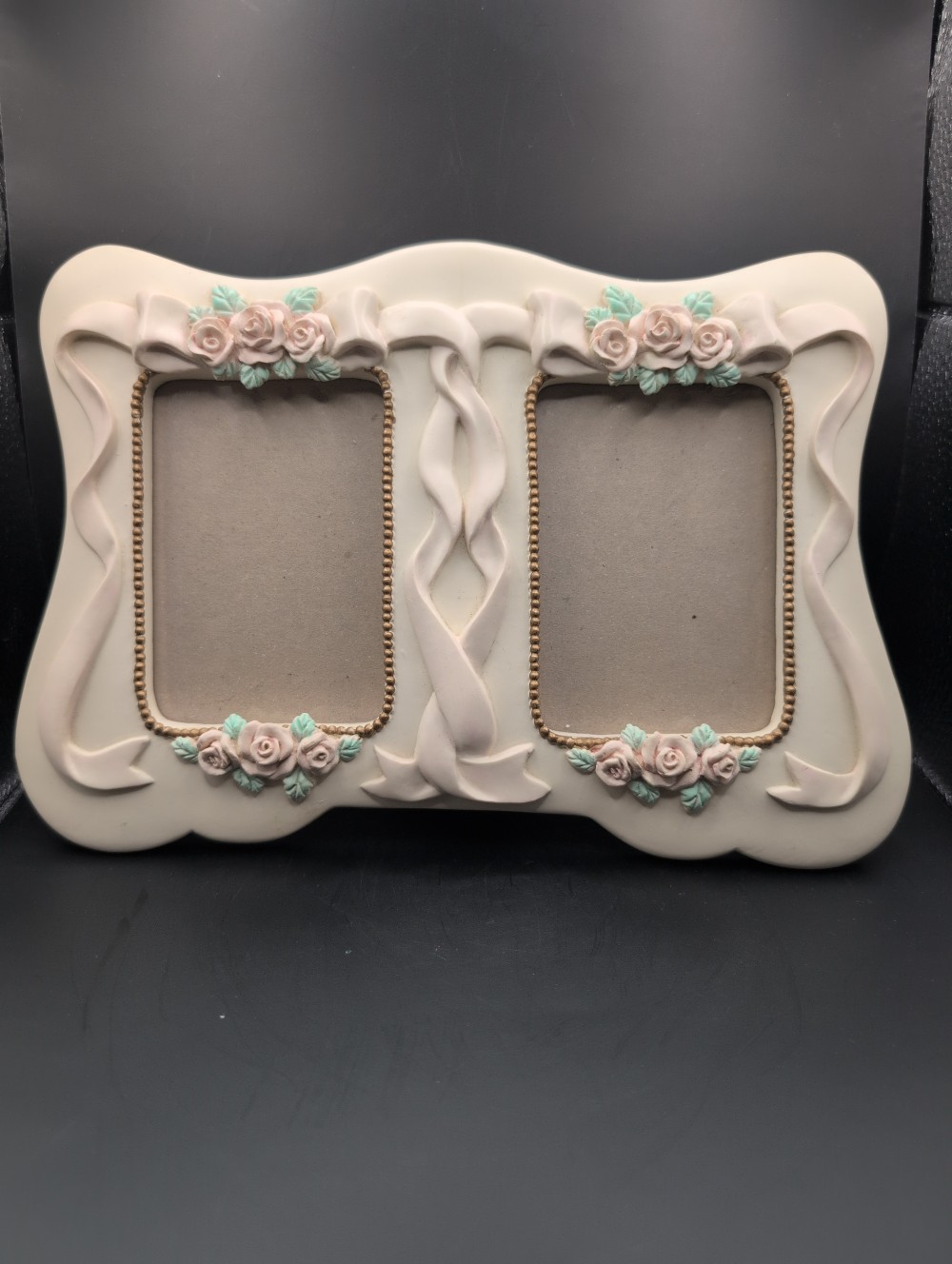 Ivory/pink floral/bow double picture frame