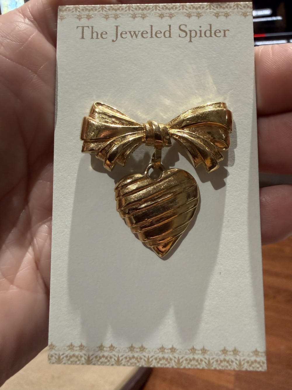 Vintage Gold Bow with Dangling Heart Engraved with I LOVE YOU MOTHER on the back