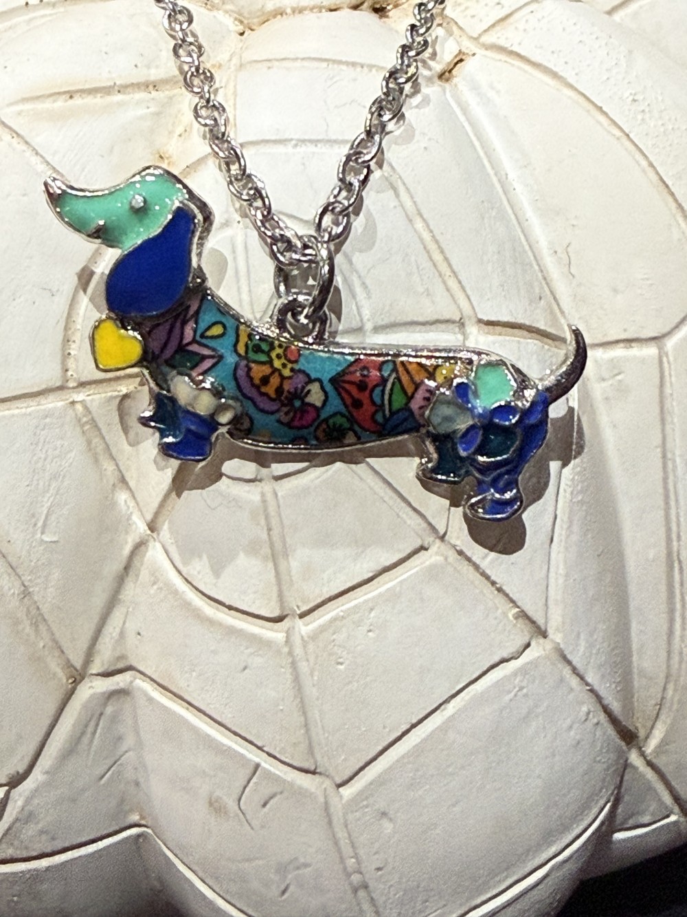 Necklace Enamel Dachshund Blue Patterned, Dog, Doxie