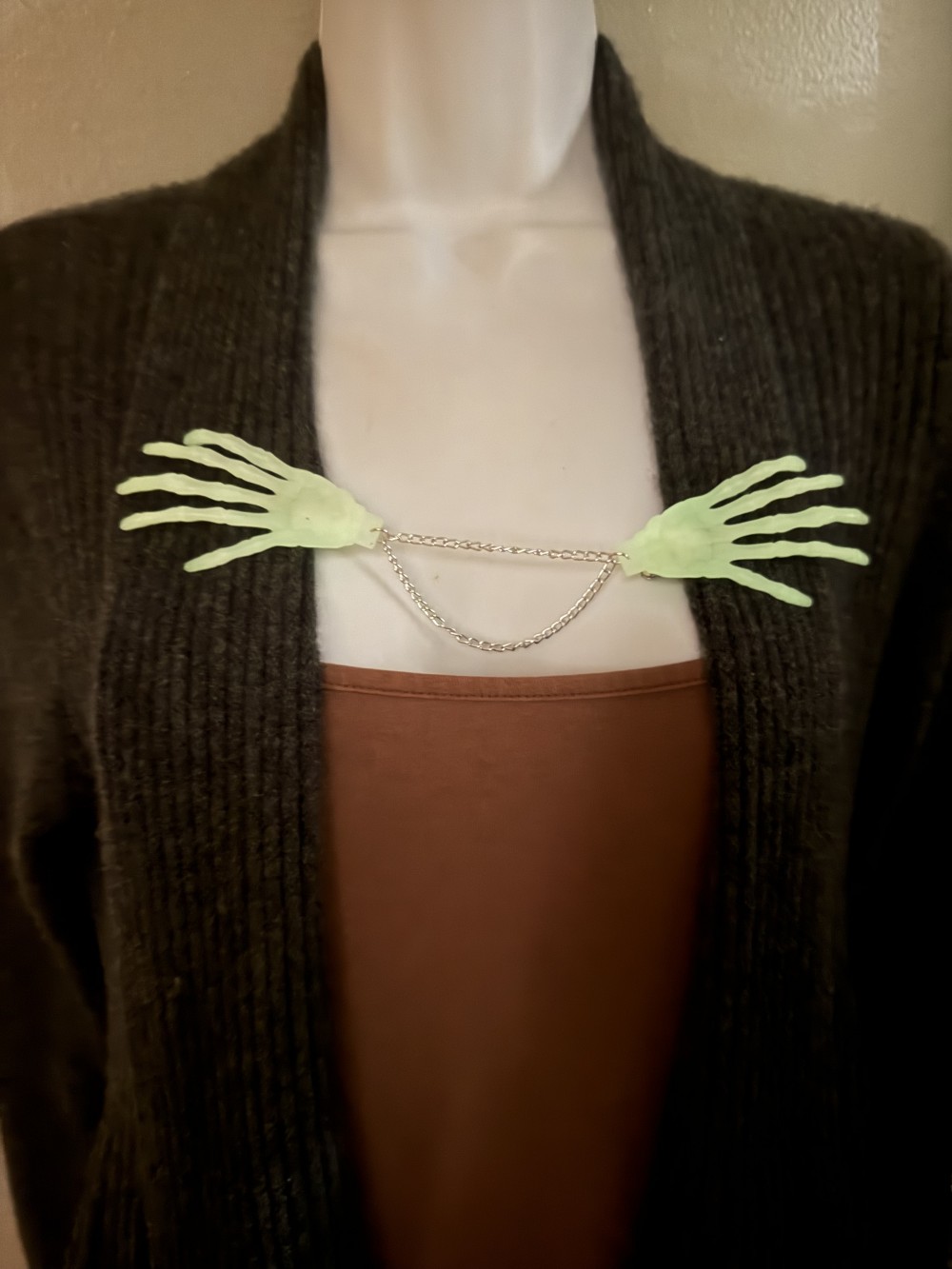Sweater Clips - Skeleton Hands, GLOW IN THE DARK, Cloak Clip, Dress Clip, Collar Clip