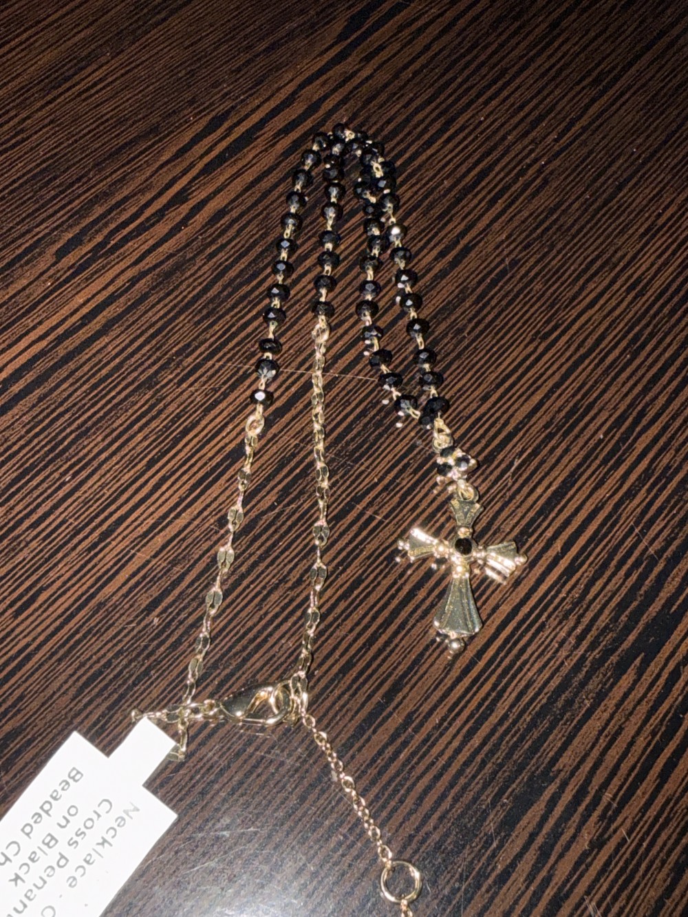 Necklace - Gold Cross Penant on Black Beaded Chain