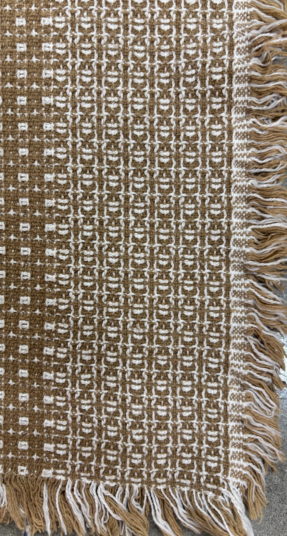 Linens tablecloth homespun tan & white 60 x 47 including fringe