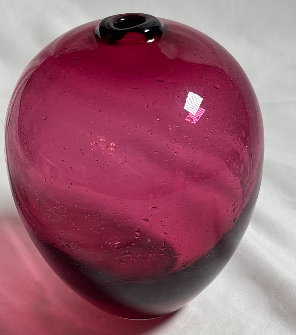 Cranberry art glass orb bud vase hand blown