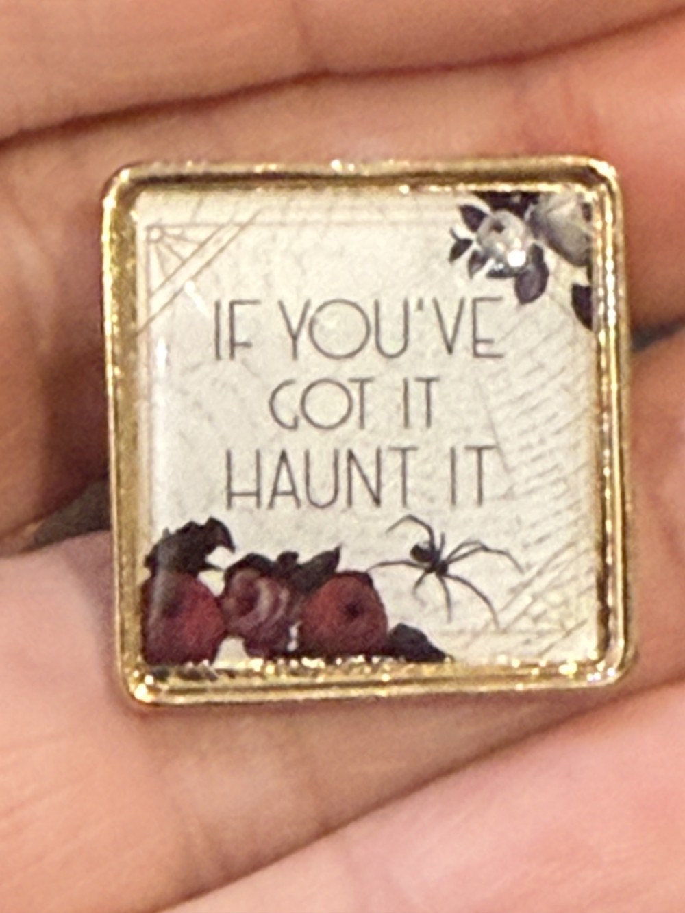 Brooch Pin - Gold Medallion with If You've got it haunt it with a spider and roses