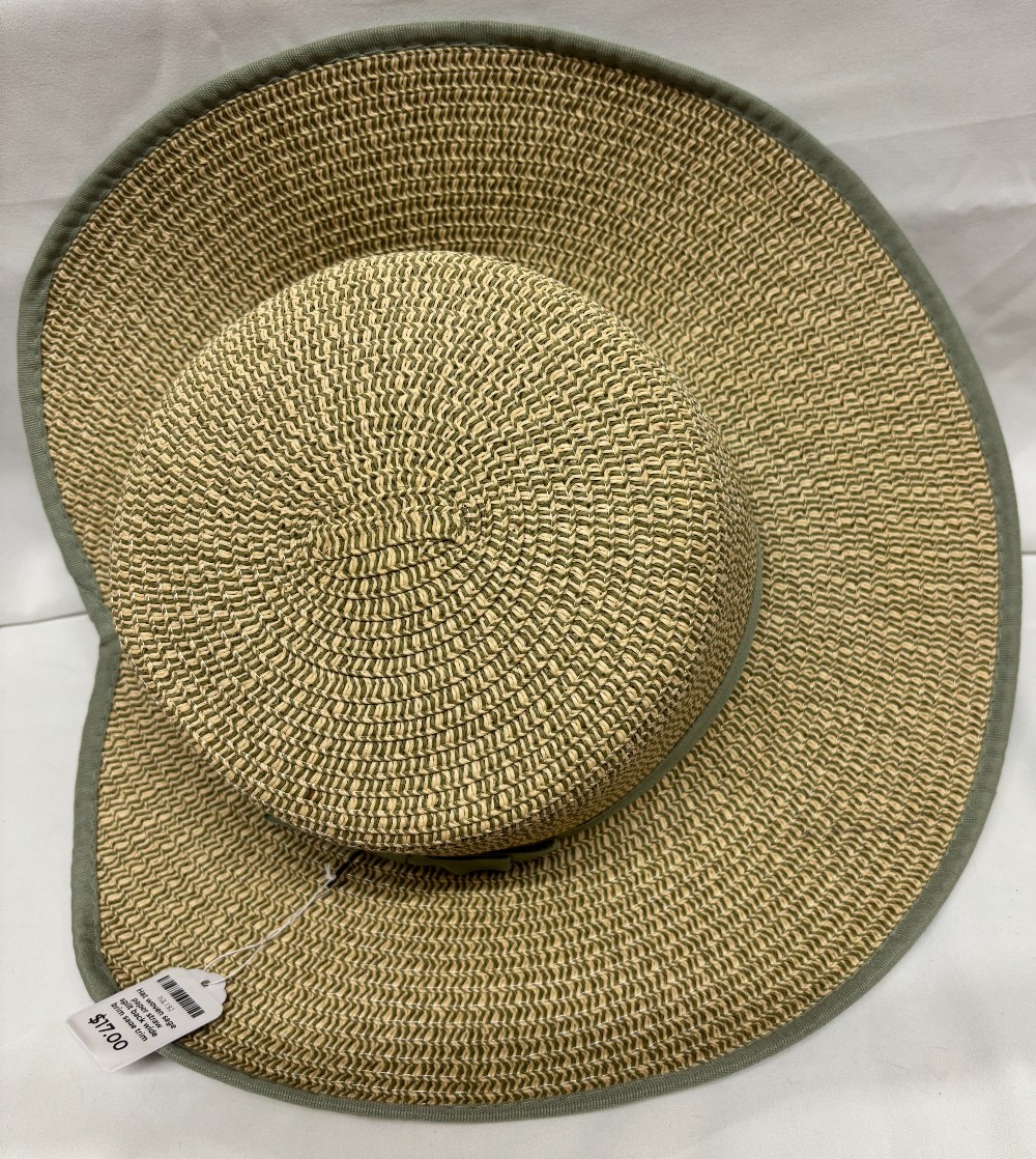 Hat woven sage paper straw split back wide brim sage trim