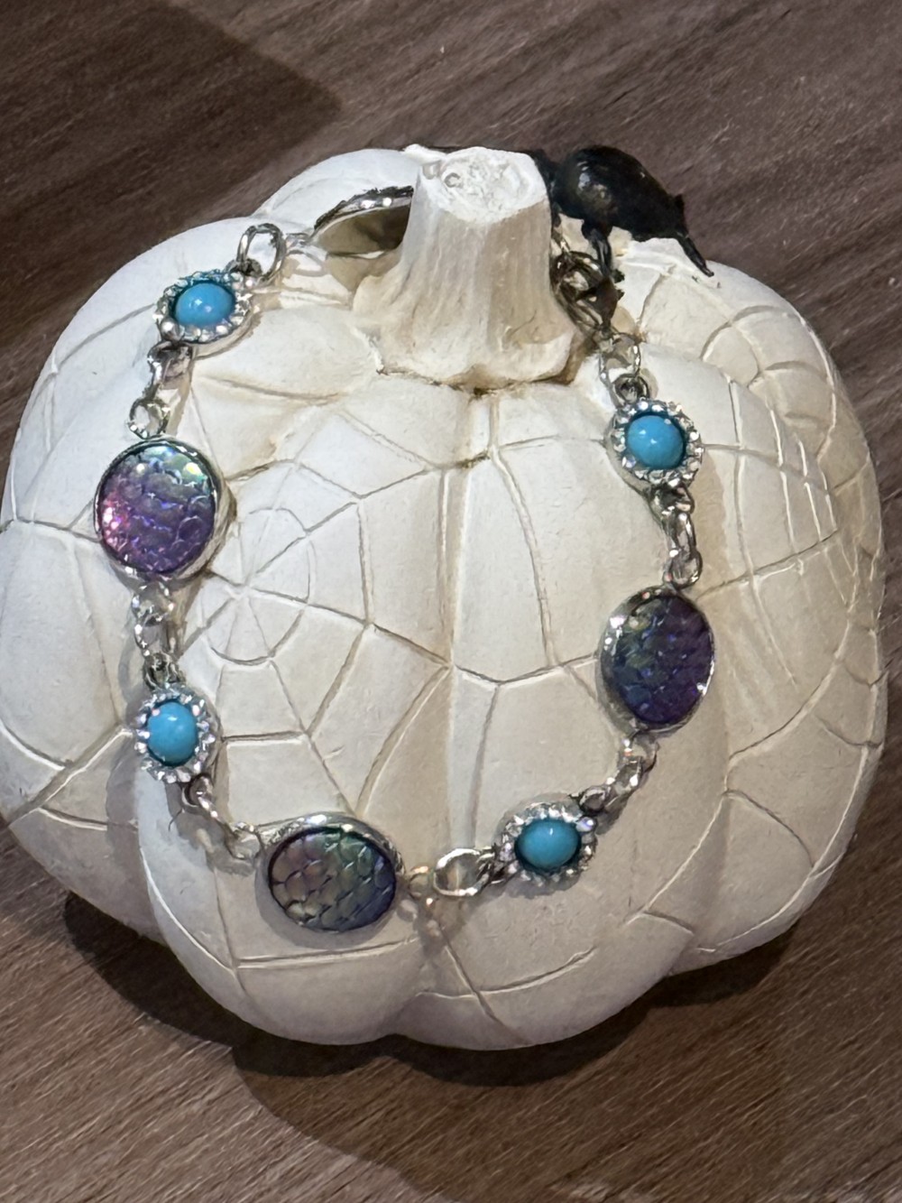 Bracelet Mermaid or Dragon Skin Medallions with Teal & Rhinestone Accents