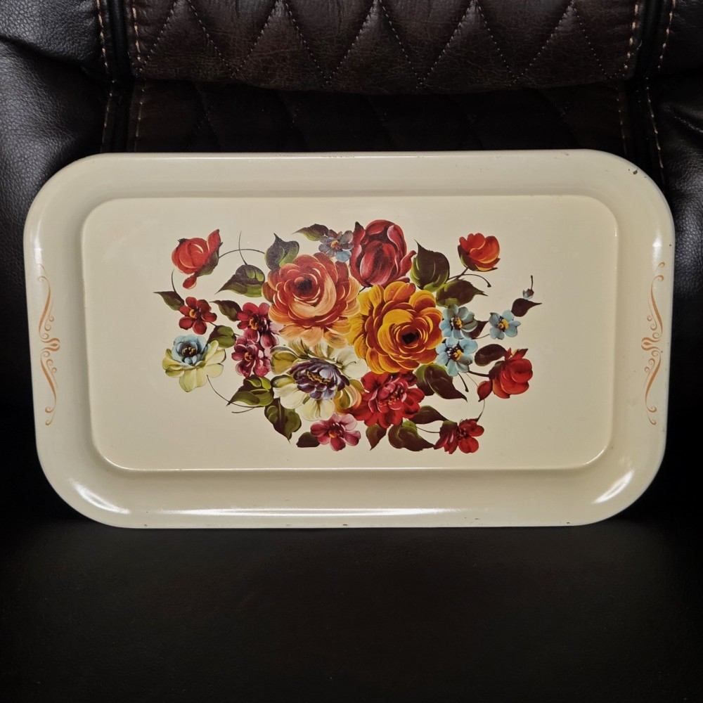 VTG Toleware Cream Floral Tray 1
