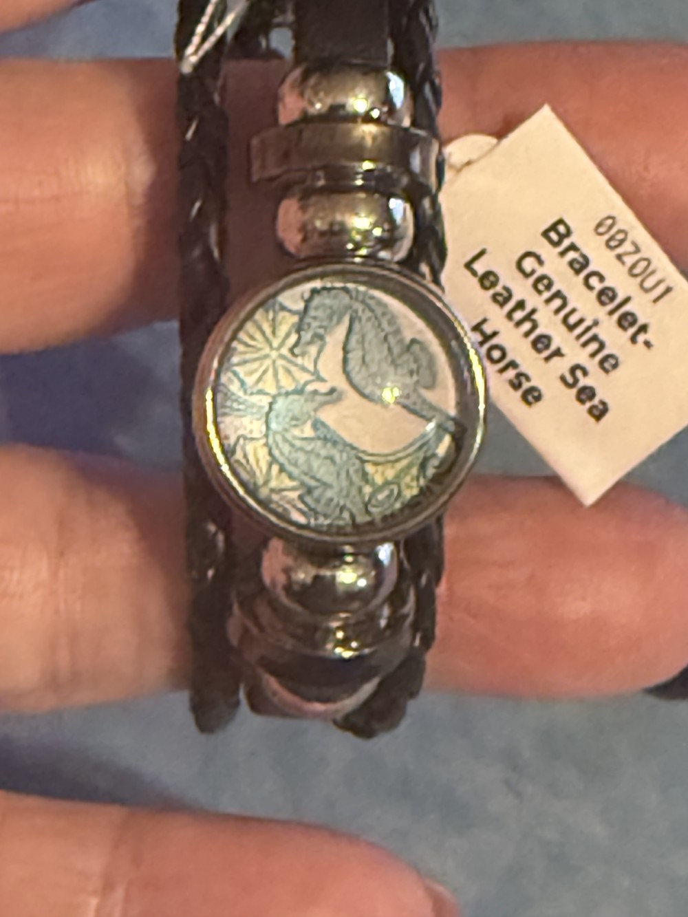 Bracelet-Genuine Leather Black 3 strap Sea Horse