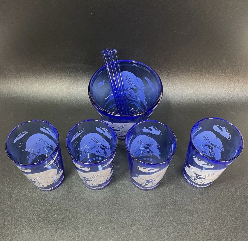 Cocktail Glass Set Hazel Atlas Cobalt Blue Dutch Windmill Ice Bucket 4 Glasses 4 Stir Sticks Vintage
