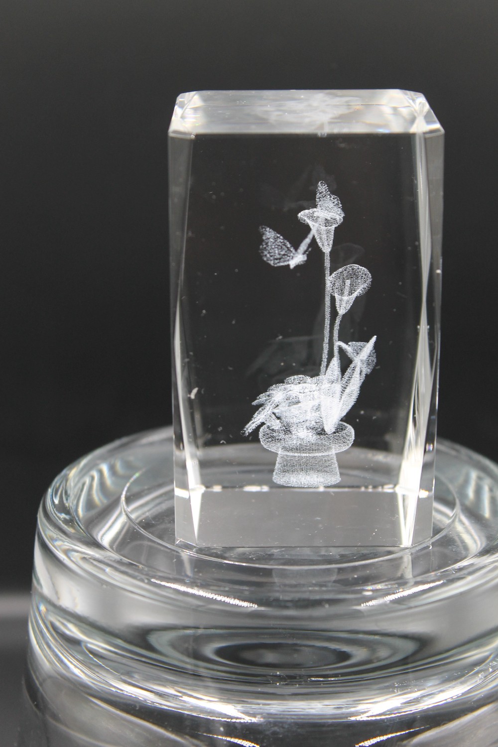 3D laser-etched crystal paperweight, lily/butterfly