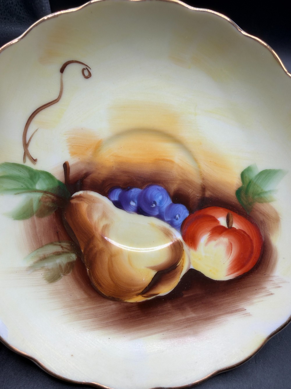 Hand Painted Porcelain Fruit Study Saucer Scalloped Gold Rim Still Life Plate with Pear & Apple