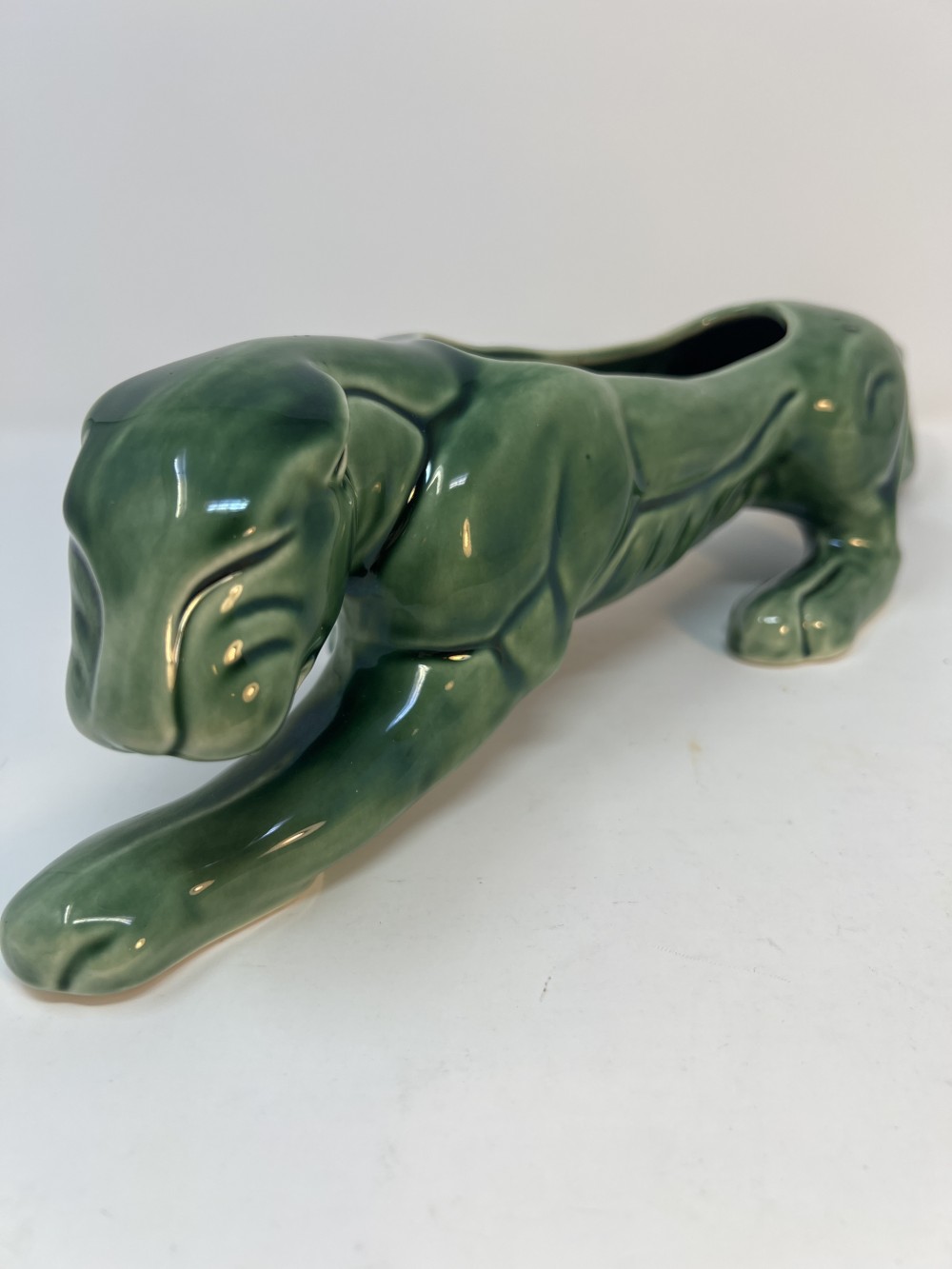 Mid Century Green Pottery Panther Planter