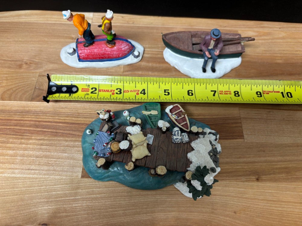 Christmas Village Winter Waterfront Dock Fishing & Boat Scenes 3 Piece Lot