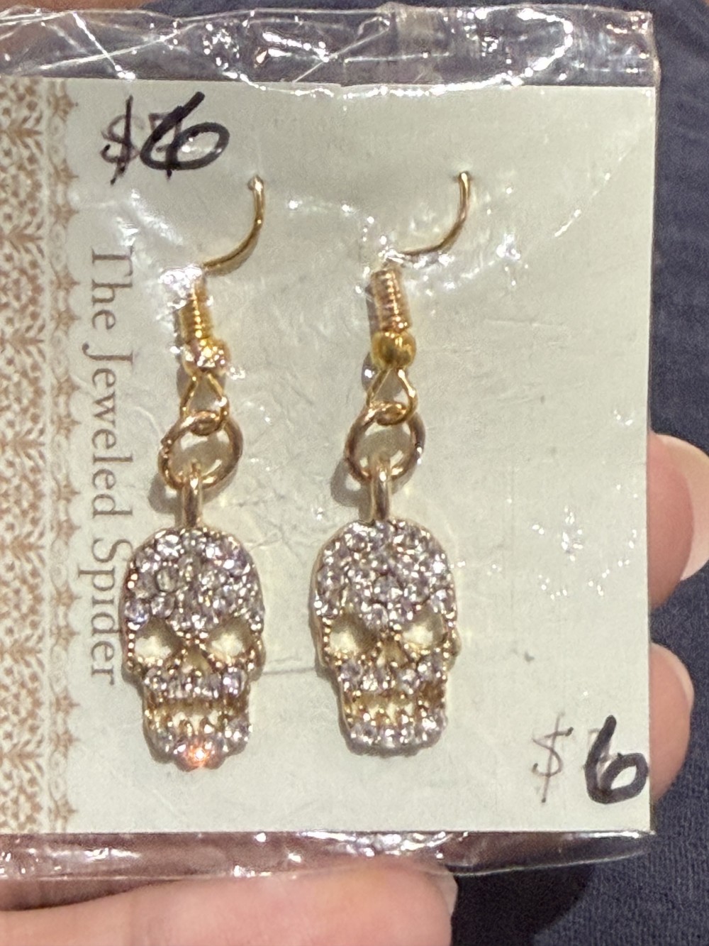 Earrings - Gold Rhinestone Skulls