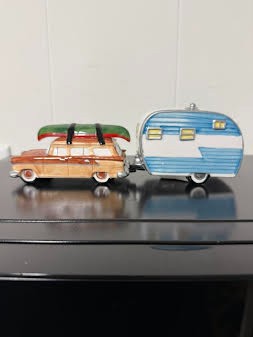 Dept 56 Woody & Camper Station Wagon Blue Camper Christmas Ornaments 2 piece Set