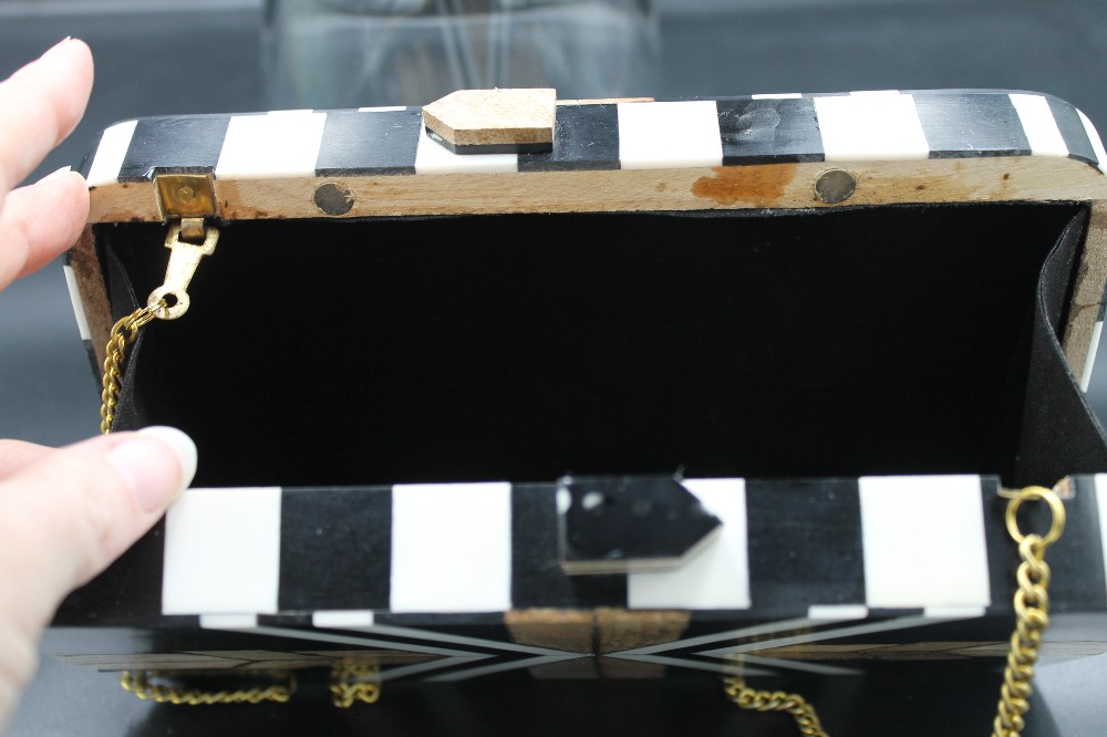 Geometric wood/resin chevron parquet box clutch purse