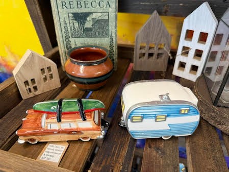 Dept 56 Woody & Camper Station Wagon Blue Camper Christmas Ornaments 2 piece Set