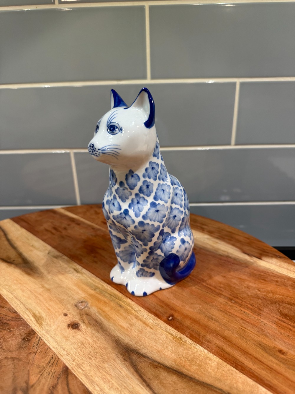 Vintage Blue & White Floral Cat Figurine