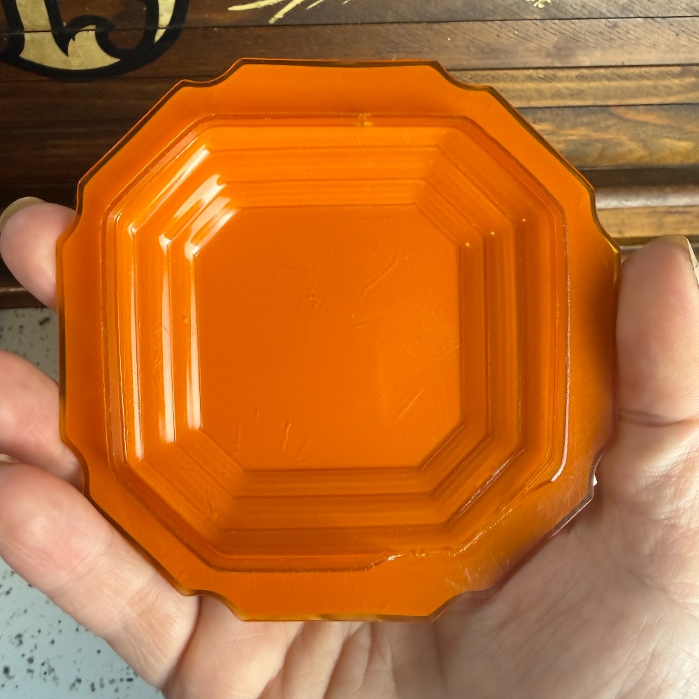 Art Deco Dresser Box Celluloid Lid Amber Satin Glass Base