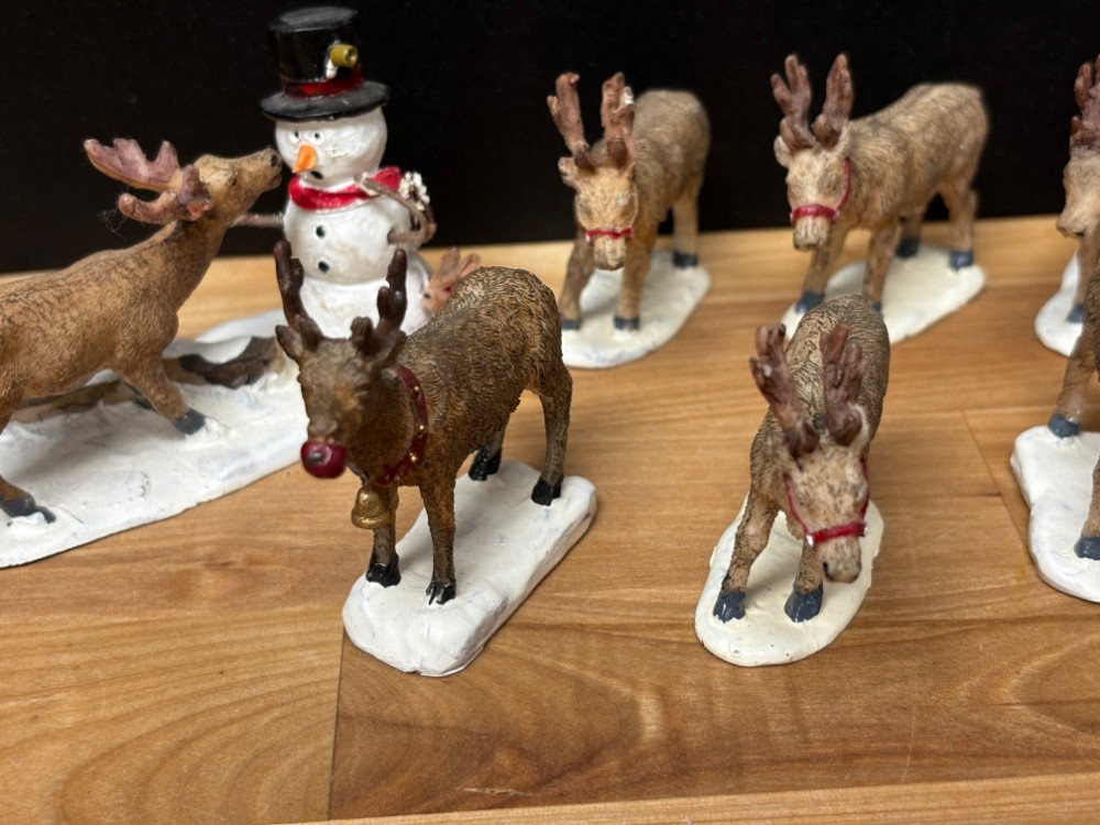 Christmas Village Miniature Reindeer Figurines with Snowman 11 Piece Set